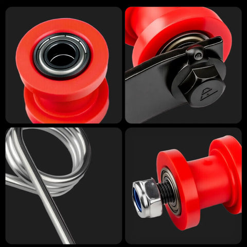 Chain Tensioner Roller Guide For ATVs And Mini Bikes, Beefy Aluminum And PU with red roller and silver nut
