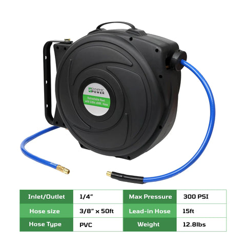 Elite Retractable Air Hose Reel With Three Eighth Inch By Fifty Foot PU Hose Light Yet Tough As Nails Built To Take Abrasion And Weather