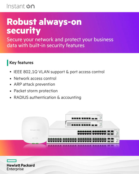 Visual of Instant On 1930 24 Port Gigabit Smart Managed Layer 2 Plus Ethernet Switch with security features and key specs displayed.