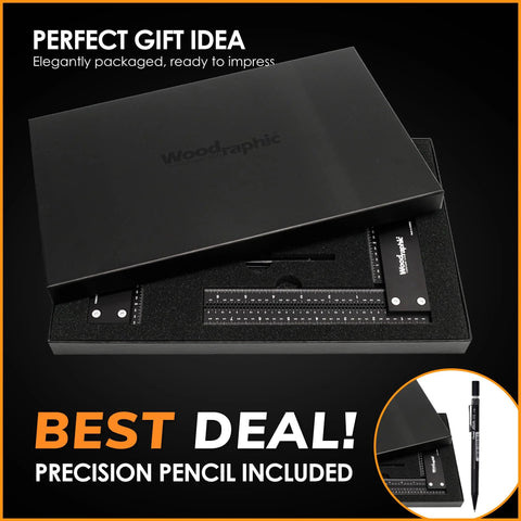 Front view: Woodraphic 8-inch aluminum woodworking square with right-angle ruler in black box; pencil included