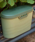 Heavy Duty Garden Tool Box Basil Green With Hinged Lid For Easy Access And Protection, hanging from garden beds in use
