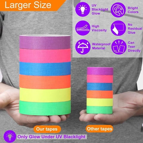Comparison of Six Roll Pack UV Blacklight Reactive Gaffer Tape Set Featuring Six Neon Colors, 1 Inch Wide, against smaller tapes