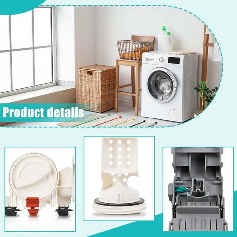 Drain pump filter assembly for front-load washers; three white plastic components (pump, filter, housing)