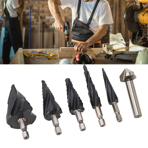 Heavy Duty Step Drill Bit Set With 4 Spiral Flutes And M35 Cobalt HSS For Metal Wood Plastic Drilling Smooth Cut Stainless Steel Aluminum Hex Shank, five bits