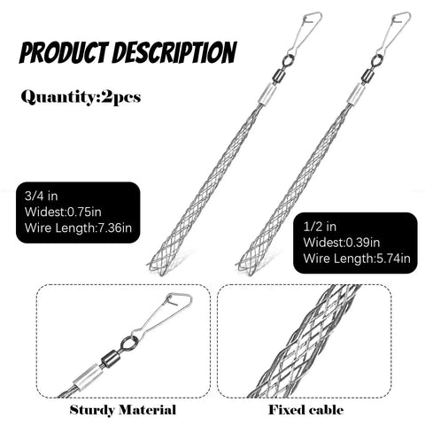 Top Shelf Wire Pulling Grips Set Includes Two Galvanized Steel Cable Puller Socks For Effortless Light Or Heavy Wire Fishing Rustproof Construction With Rock Solid Jaw Design To Lock Cables Down On Every Job Site Pull, showing 2 galvanized wire pulling grips with varying lengths.