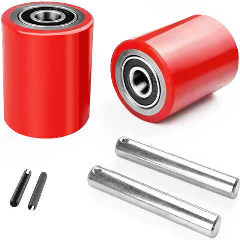 Heavy Duty Pallet Jack Wheel Replacement Kit With PU Tread 3 By 3.75 Inches Preinstalled Bearings 20mm ID 4.8 Inch Axles And Pins