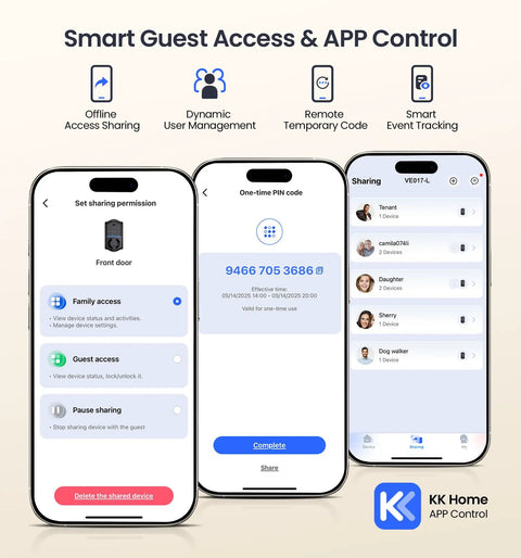 Smart Guest Access & APP Control interface showcasing one-time PIN for Slick Fingerprint Smart Lock With Premium Matte Black Double Lever Handle Set.