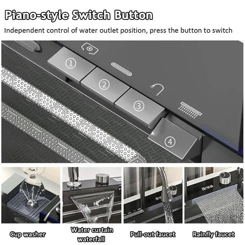 Smart Kitchen Sink with Digital Display, Dual Waterfall Design, Pull-Out Faucet, Pressurized Cup Washer for Modern Kitchens control panel with buttons.