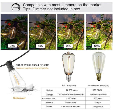 Tough As Nails Outdoor Edison String Lights Waterproof With Warm White Led Bulbs dimming function and bulb comparison chart