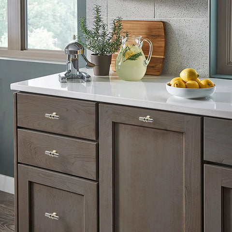 Kitchen cabinets with 10 Pack Cabinet Knobs In Brushed Nickel And Gold Finishes, T Bar Pulls installed, countertops visible