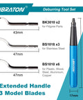 Libraton Deburring Tool Kit 12 In 1 With Ergonomic Aluminum Handle And Eleven High Speed Steel Blades For Precision Chipping Removing Burrs From Plumbing Pipe Edges And Metal Work Shop Projects. Extended handle and three model blades shown.