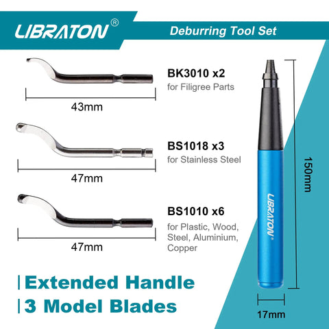 Libraton Deburring Tool Kit 12 In 1 With Ergonomic Aluminum Handle And Eleven High Speed Steel Blades For Precision Chipping Removing Burrs From Plumbing Pipe Edges And Metal Work Shop Projects. Extended handle and three model blades shown.