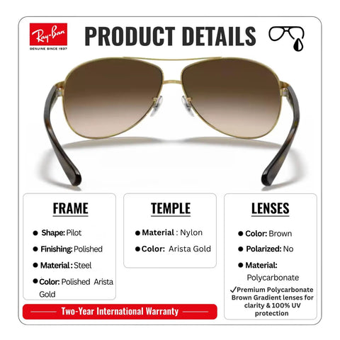 RB3386 Pilot Shape Non Polarized Sunglasses For Men With Brown Gradient Lenses And Official Eyewear Kit product details