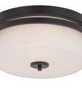 Three Light Flush Mount Fixture In Aged Bronze With Etched Opal Glass For Damp Locations 60W Max Per Bulb Close To Ceiling Indoor Lighting