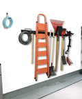 Heavy Duty Wall Tool Storage Rack With Shelf and Adjustable Hanger System for Garage Organization, storing ladder and tools