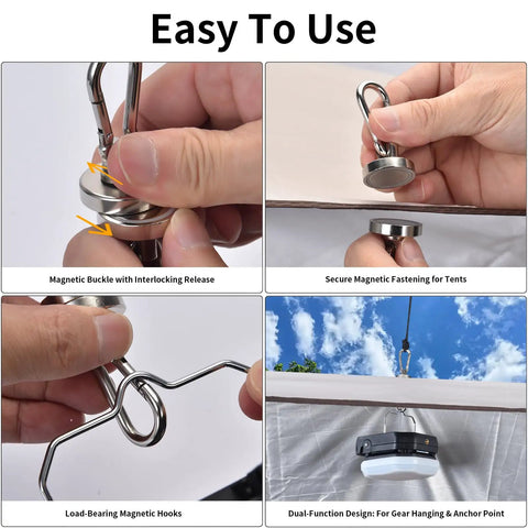 40LB Magnetic Hooks With Carabiner 8-Pack Ultra Strong Camping Tent Hooks For Lanterns And Gear, easy to use demonstration