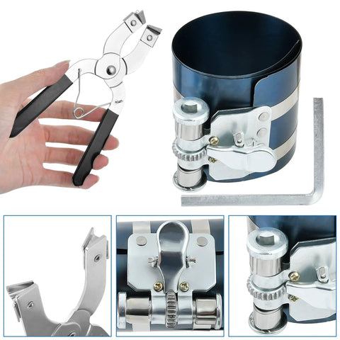 Worldity 8-piece piston ring compressor kit with pliers, hex key and stainless feeler gauge in blue case