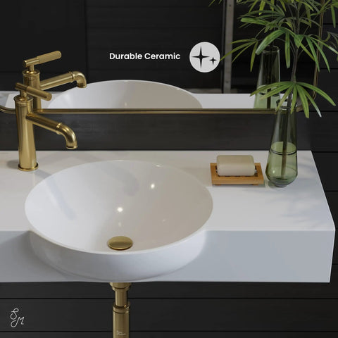 Chateau 30 Inch Wall Mount Bathroom Sink With Left Side Faucet, Durable Non-Porous Scratch-Resistant Ceramic, gold faucet detail
