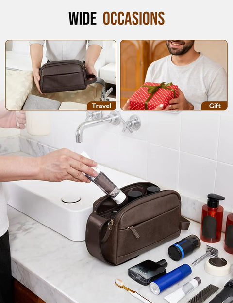 Built Tough PU Leather Toiletry Bag For Men, Big Time Capacity Travel Dopp Kit, Dark Brown, used for travel and gift occasions.