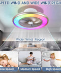 22 Inch Bladeless Low Profile Ceiling Fan With Lights And Remote Enclosed Flush Mount RGB 7 Color Mood Lighting And Built In Music Speaker For Bedroom Living Room Party Vibe shown in a bedroom with wind speed options.