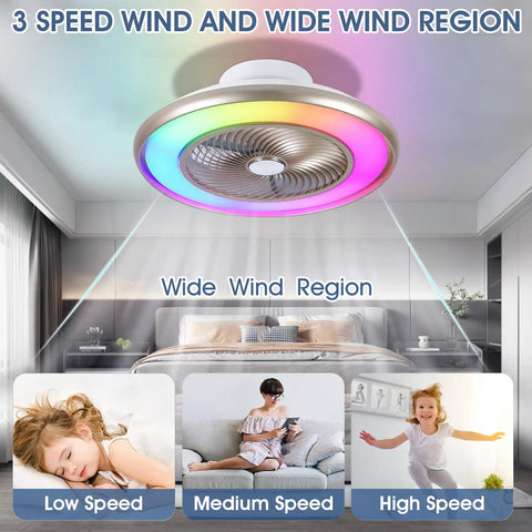 22 Inch Bladeless Low Profile Ceiling Fan With Lights And Remote Enclosed Flush Mount RGB 7 Color Mood Lighting And Built In Music Speaker For Bedroom Living Room Party Vibe shown in a bedroom with wind speed options.