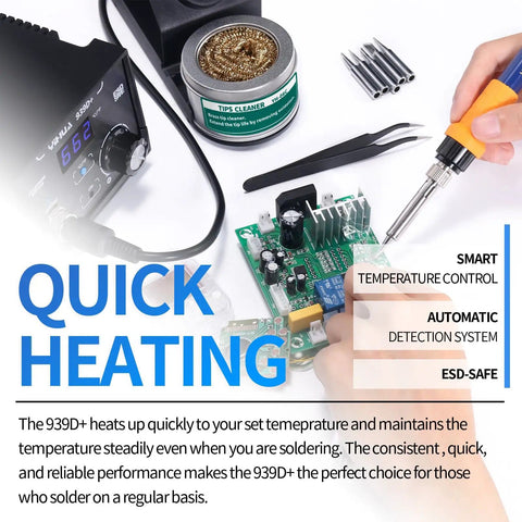 939D Plus Digital Soldering Station with 75W Power, displaying quick heating feature, smart control, and ESD-safe use in action