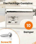 Set Of 10 Universal Soft Close Cabinet Door Dampers showing a damper and screw for installation on kitchen cabinets.