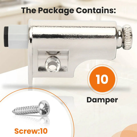 Set Of 10 Universal Soft Close Cabinet Door Dampers showing a damper and screw for installation on kitchen cabinets.