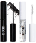Eternal Bond Black Lash Glue With Crystal Coat Sealant, black and clear tubes with applicators and brush visible