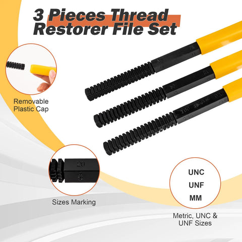 Syizyen 3-piece thread repair file set with yellow handles and black ribbed files; metric/UNC/UNF sizes with removable caps