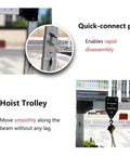 Portable Aluminum Gantry Crane 2204 Pounds Capacity Mobile Workshop Hoist showing quick-connect pin and hoist trolley details.