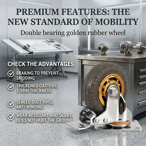 3 Inch Heavy Duty Caster Wheels Set Of Four, Premium Rubber Casters With Total Lock Brakes, Beefy Steel Plates For Furniture Cart And Workshop Gear, Roll Easy Go Far Performance, double bearing golden wheel.