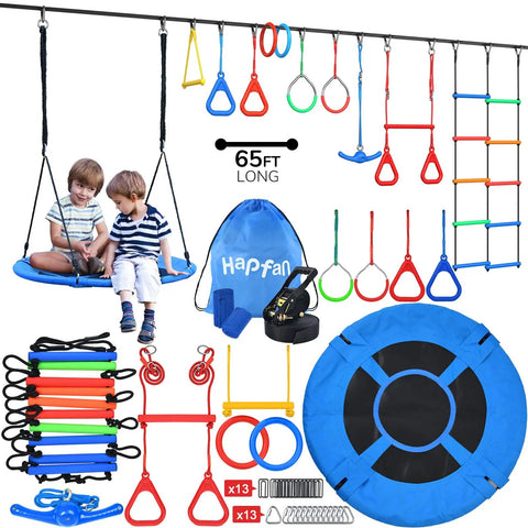 65-Foot Ninja Warrior Obstacle Course For Kids With Swing And 11 Obstacles including saucer swing and trapeze bar