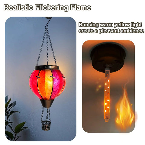 Two Pack Hot Air Balloon Solar Lanterns with Metal Shepherds Hook for Outdoor Pathway Lighting, cozy flickering flame close-up