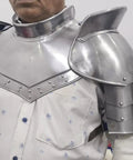 Iron Neck Plate Gorget With Pauldrons Gothic Spaulders Armor Set shown on person, silver finish, 18 gauge steel.