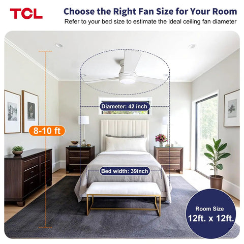 42 Inch Low Profile Ceiling Fan With Crisp White Finish Smart Remote Control Runs Smooth As Butter On Whisper Quiet Brushless Dc Motor Totally Chill For Bedroom Using Natural Breeze Mode And Customizable Soft Lighting in a stylish bedroom.