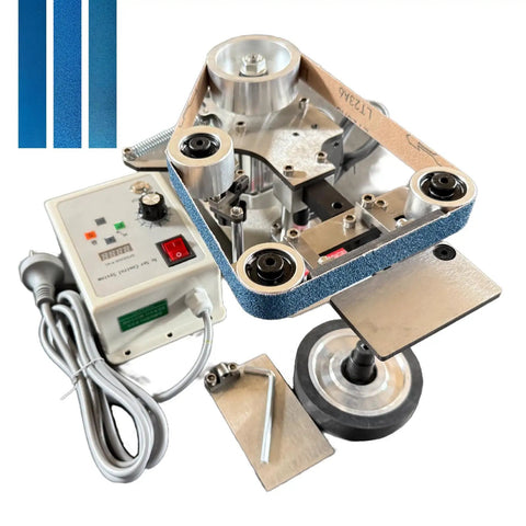 Game Changer 550W Variable Speed Belt Sander With Vfd Panel And Swift Reverse Toggle showing motor, pulleys, and control panel.
