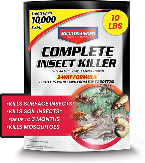 Complete Insect Killer For Soil And Turf 10 Lb Granules package featuring insects with 10,000 sq ft coverage label.