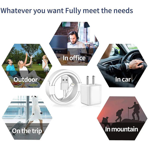 MFi Certified Lightning Cables And Fast USB Wall Charger 2 Pack For iPhone in various travel and use scenarios