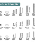 Chart showing sizes and quantities in 1005 Pc M2 M2.5 M3 Metric Screw Set With Nuts And Bolts Heavy Duty Flat Head Hex Socket Countersunk Screws Stainless Steel Hardware Kit With Washers For Electronics And DIY Projects.