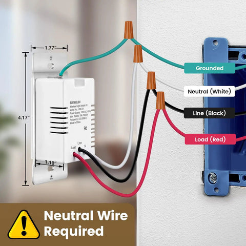 Installation diagram of 3 Way Wireless Light Switch Kit With Receiver, showing wiring connections. Neutral wire required.