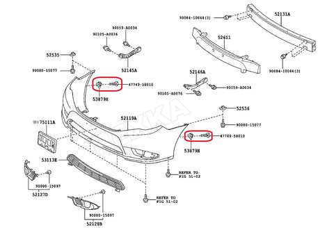 Diagram showing 5 Sets Front Fender And Bumper Clip And Pin Kit For Toyota And Lexus Replaces 53879-58010 And 47749-58010
