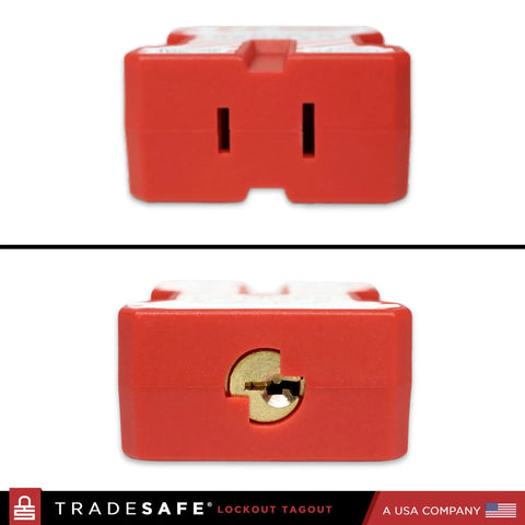 Front and side view of Power Plug Lockout Device For 2 Or 3 Prong Plugs, OSHA Compliant Lockout Lock, Keyed Alike 5 Pack With 2 Keys Each.