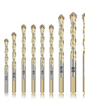 Beefy 10 Piece Masonry Drill Bit Set With Carbide Tips For Ceramic Tile Glass Marble Porcelain Wood Plastic Walls Includes Sizes 1/8, 5/32, 3/16, 1/4, 5/16, 3/8, 1/2 Inch Gold Finish shown arranged vertically side by side