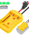 DeWalt 20V Battery Adapter With Beefy 14 Gauge Wire And Fuse Protection, close-up of adapter, connectors, fuse, and vibrant colors.