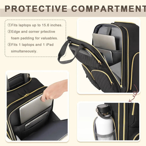 Underseat Carry On Luggage With Wheels For Travel Airline Approved Personal Item Bag With Leather Handle Black Gold with laptop compartments