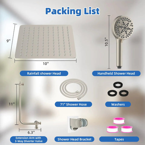 Pro Grade High Pressure 10 Inch Rain Shower Head Combo With Handheld, 11 Inch Extension Arm, 71 Inch Hose Packing List