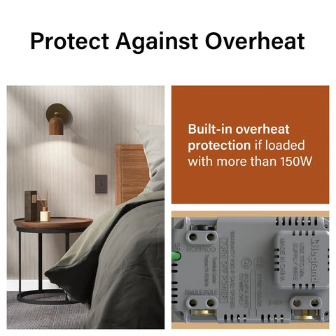 Pro Level 150 Watt Toggle LED Dimmer Switch For Smooth Flicker Free Lighting And Big Time Brightness Control With Slick Brown Wall Plate And Zero Fuss Setup, showing built-in overheat protection in bedroom setting.
