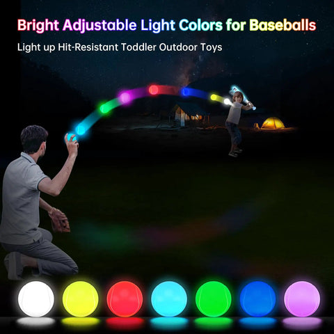 Lit Light Up Tee Ball Set for Toddlers and Kids 3 to 8 in use at night, glowing baseballs in multiple colors under dark sky