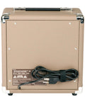 Back view of Portable 15 Watt Acoustic Guitar Amplifier With 6 Inch Speaker, Brown Wheat Finish, power cord visible.